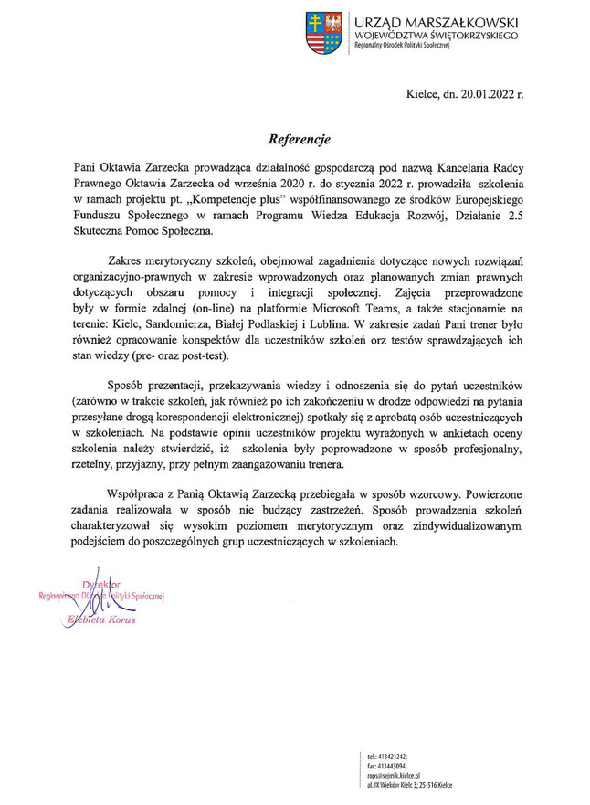 Referencje z Urzędu Marszałkowskiego Województwa Świętokrzyskiego